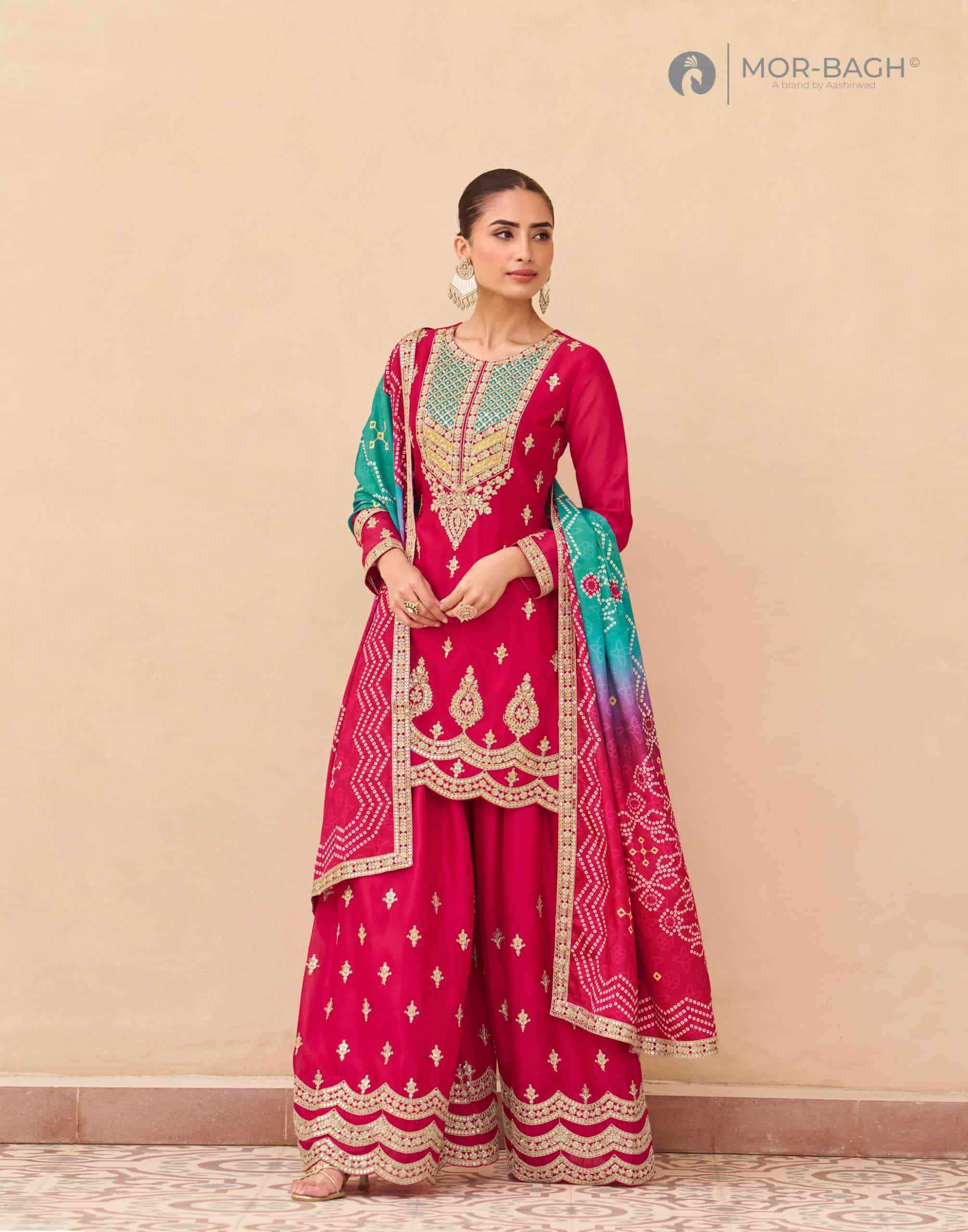 Aashirwad Mor Bagh Aruna 10659 To 10661 Wedding Wear Designer Palazzo Suit _ Wholesale Texteli Market Price ( 3 Pcs Catalog )