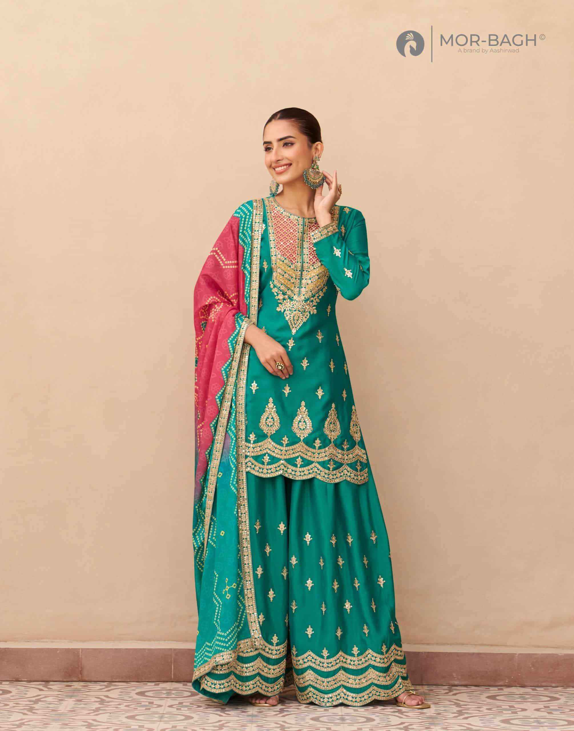 Aashirwad Mor Bagh Aruna 10659 To 10661 Wedding Wear Designer Palazzo Suit _ Wholesale Texteli Market Price ( 3 Pcs Catalog )