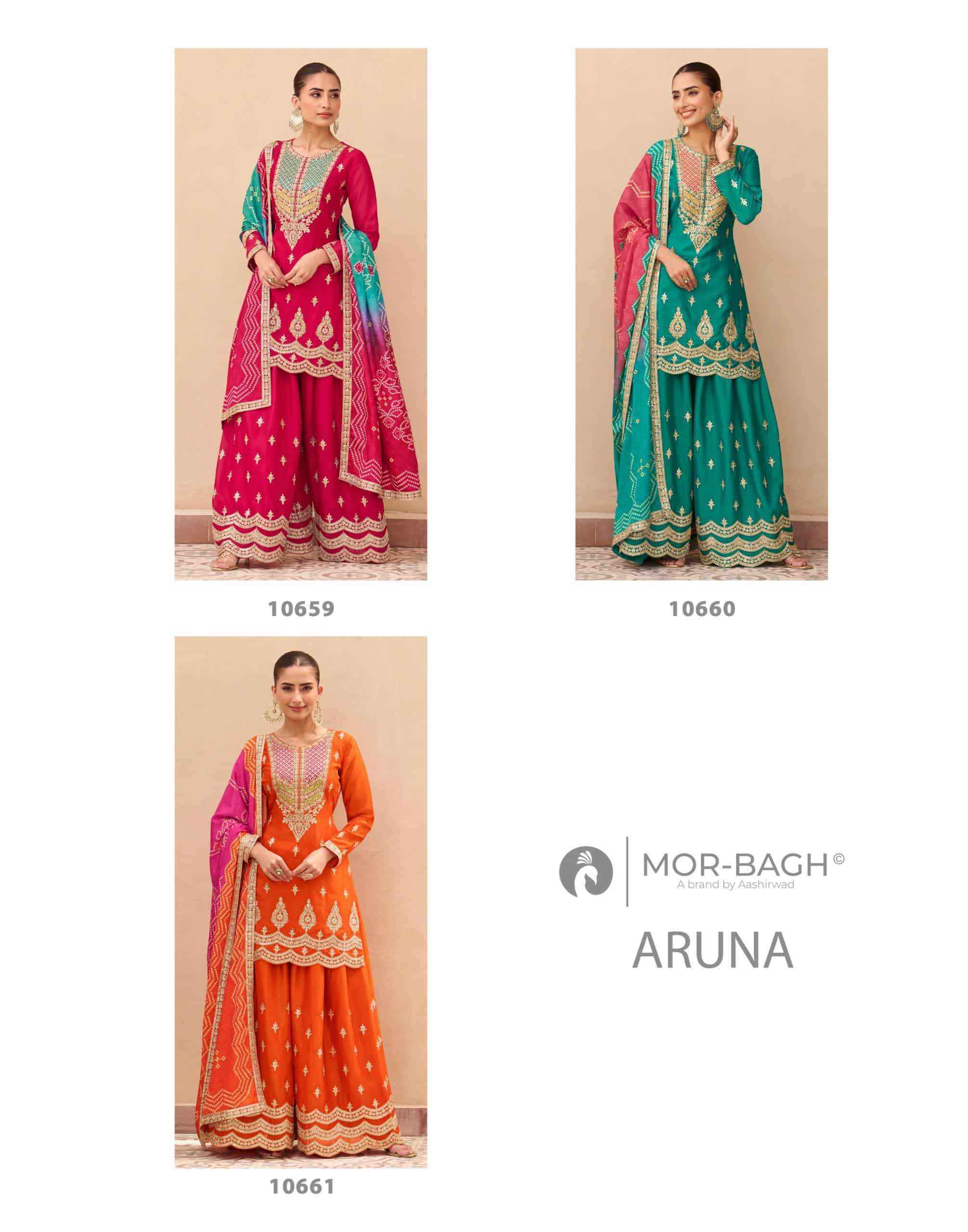 Aashirwad Mor Bagh Aruna 10659 To 10661 Wedding Wear Designer Palazzo Suit _ Wholesale Texteli Market Price ( 3 Pcs Catalog )