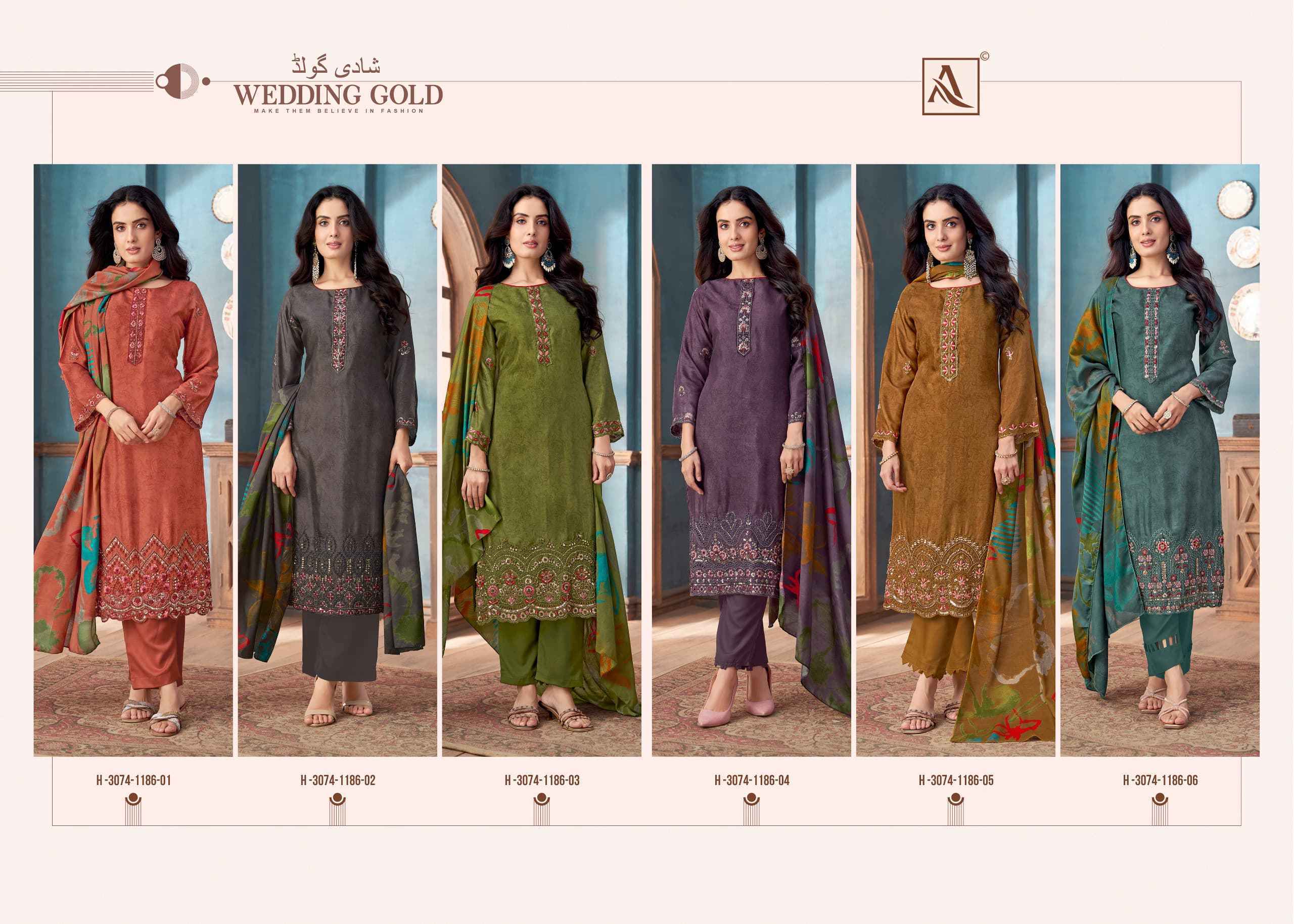 Alok Wedding Gold Viscose Muslin Dress Material ( 6 pcs Catalogue )