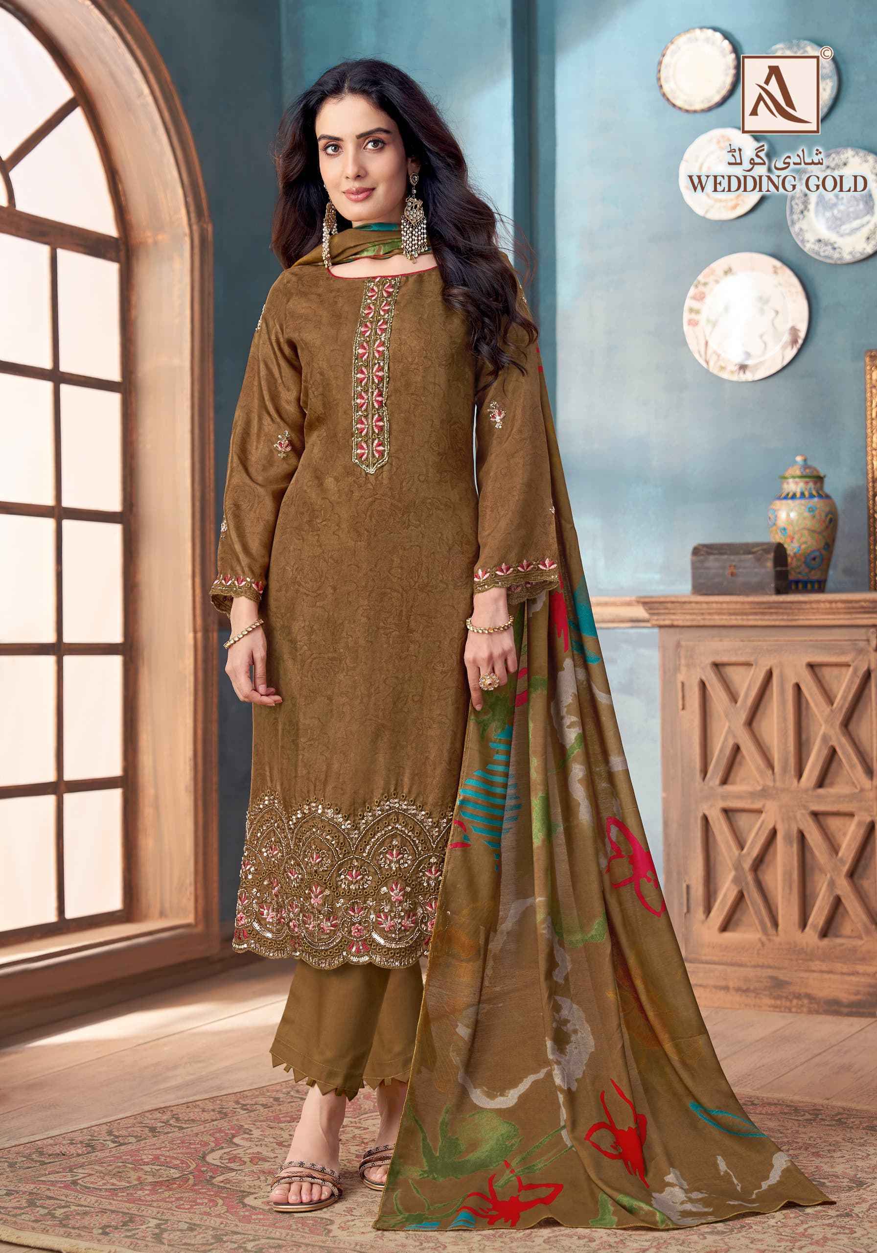 Alok Wedding Gold Viscose Muslin Dress Material ( 6 pcs Catalogue )