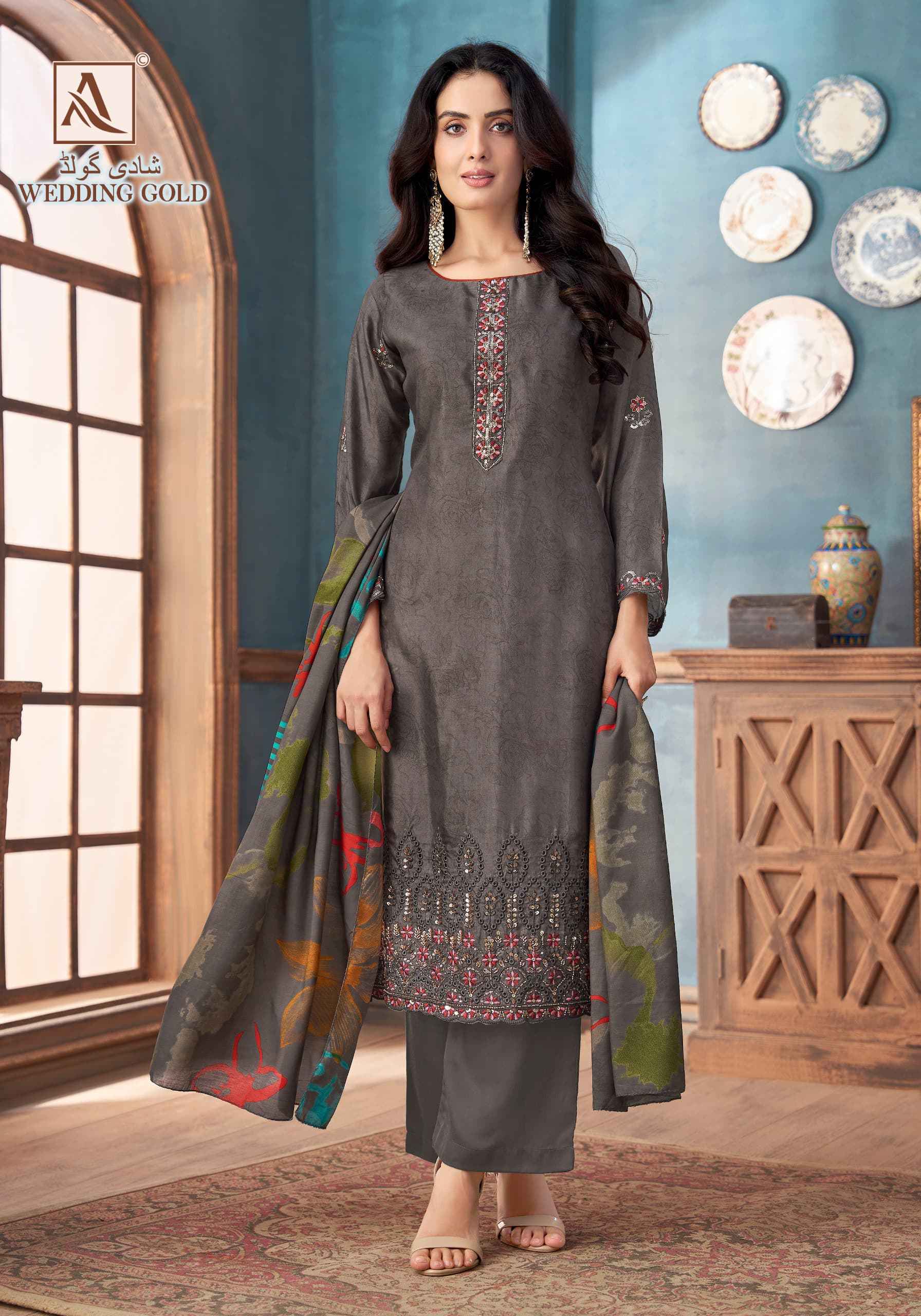 Alok Wedding Gold Viscose Muslin Dress Material ( 6 pcs Catalogue )