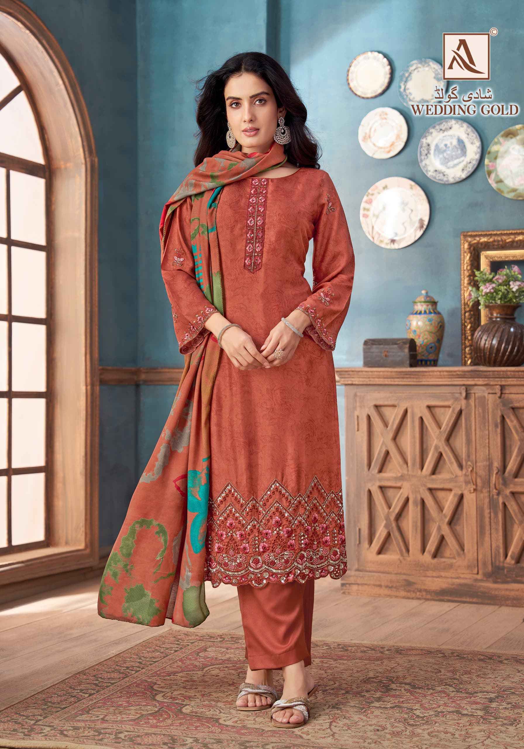 Alok Wedding Gold Viscose Muslin Dress Material ( 6 pcs Catalogue )