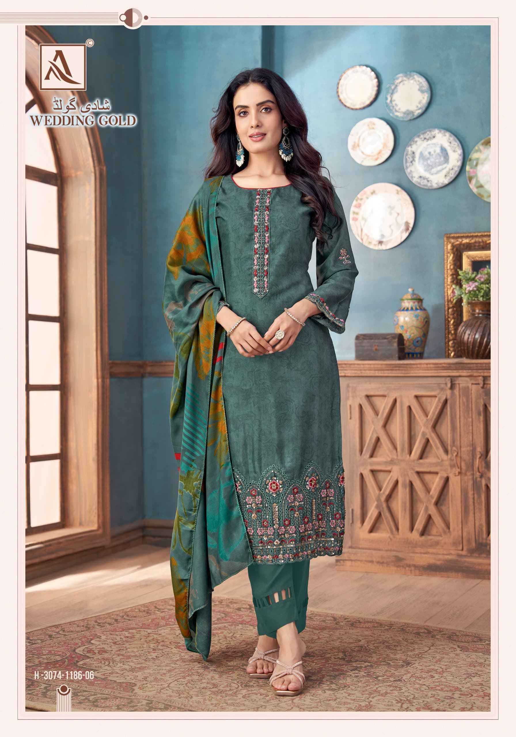 Alok Wedding Gold Viscose Muslin Dress Material ( 6 pcs Catalogue )