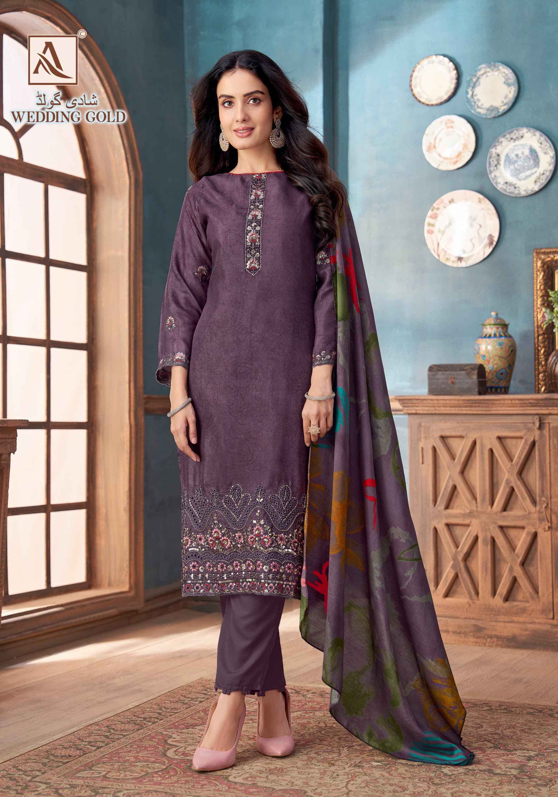 Alok Wedding Gold Viscose Muslin Dress Material ( 6 pcs Catalogue )