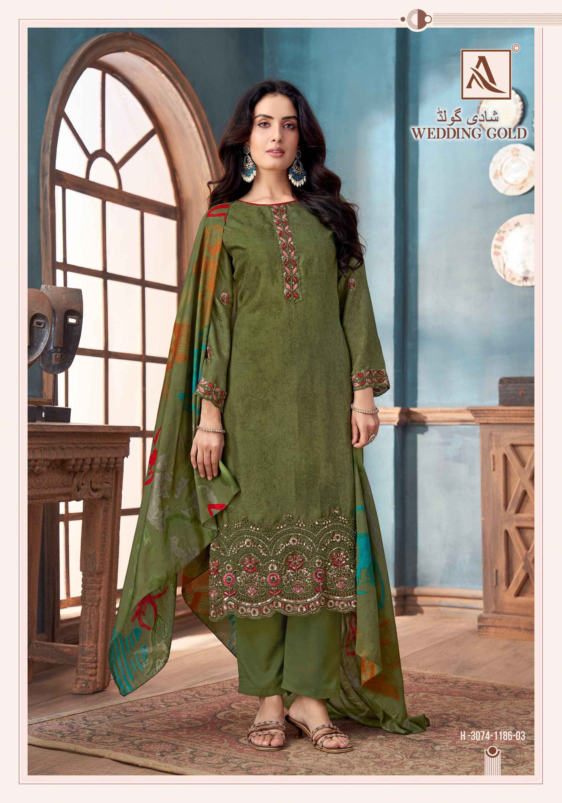 Alok Wedding Gold Viscose Muslin Dress Material ( 6 pcs Catalogue )