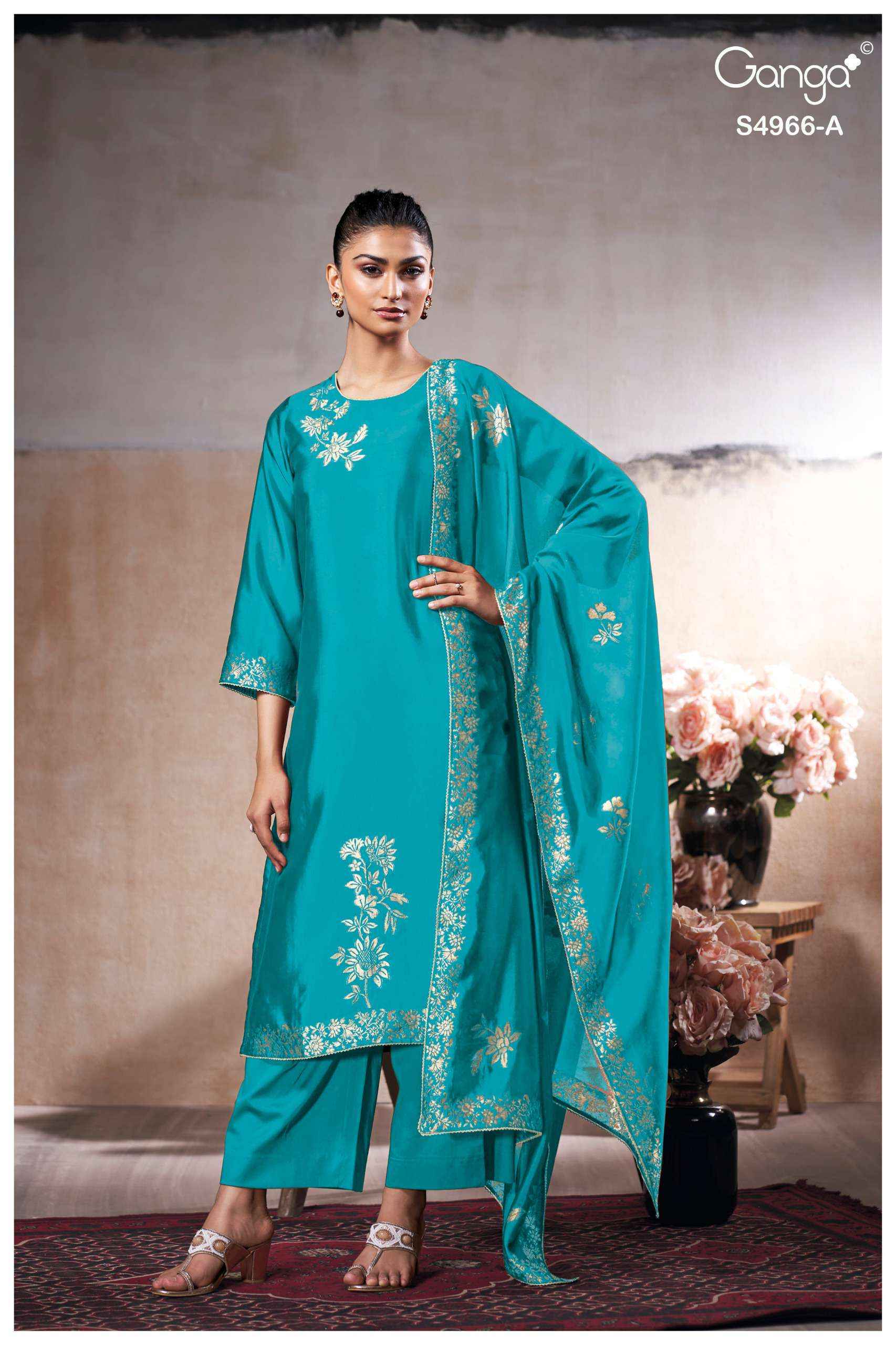 Ganga Nivora 4966 Silk Jacquard Salwar Suit _ Surat Wholesale Market Price ( 5 Pcs Catalog )