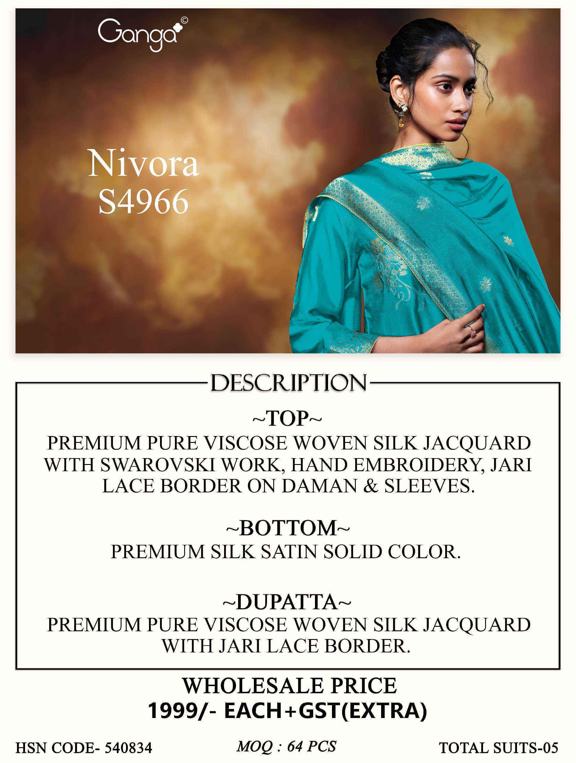 Ganga Nivora 4966 Silk Jacquard Salwar Suit _ Surat Wholesale Market Price ( 5 Pcs Catalog )