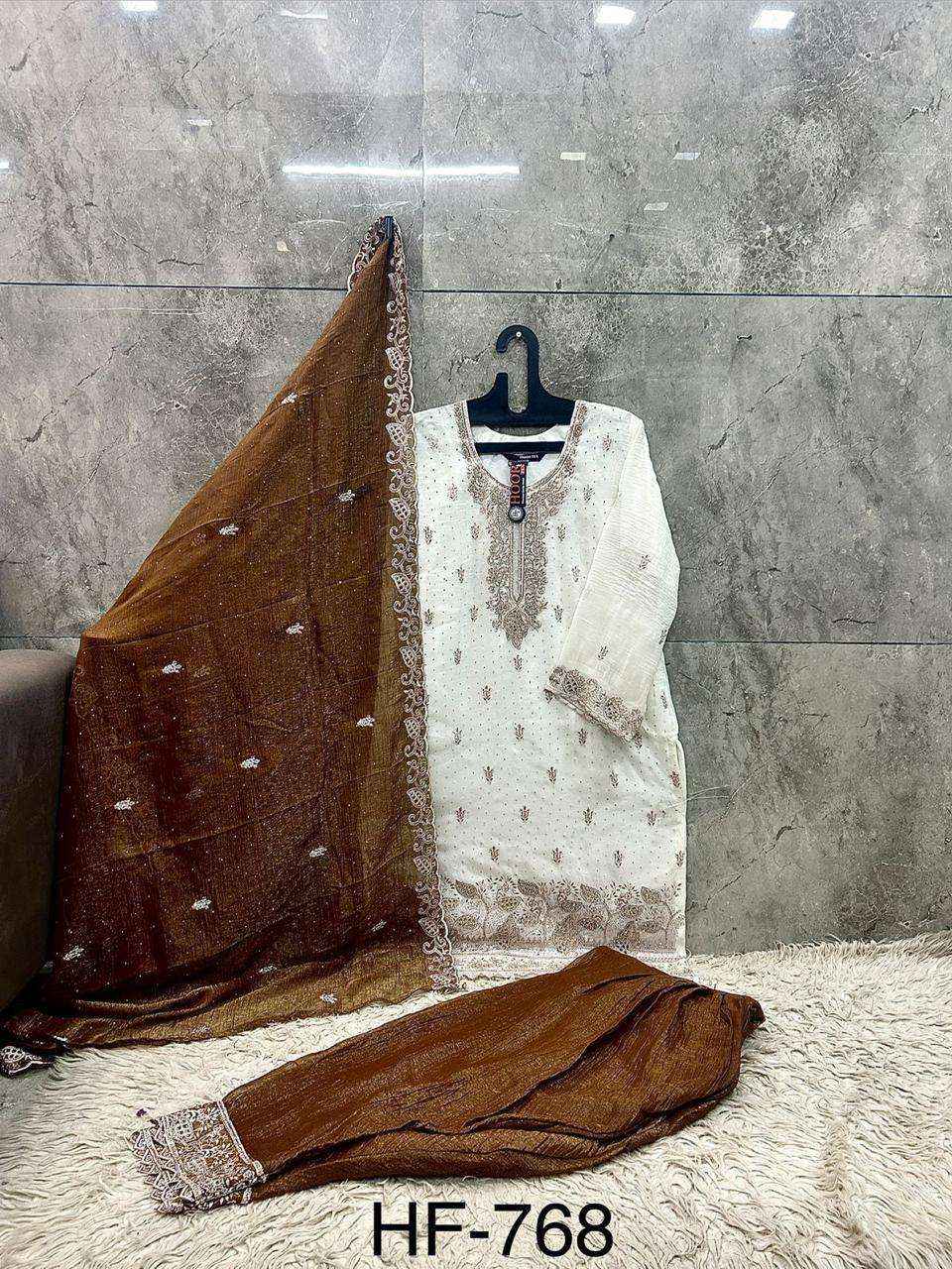 HOOR TEX HF 768 SILK FABRICS DESIGNER WORK READY MADE PAKISTANI SUIT _ SURAT WHOLESALE MARKET PRICE ( 4 PCS CATALOG )