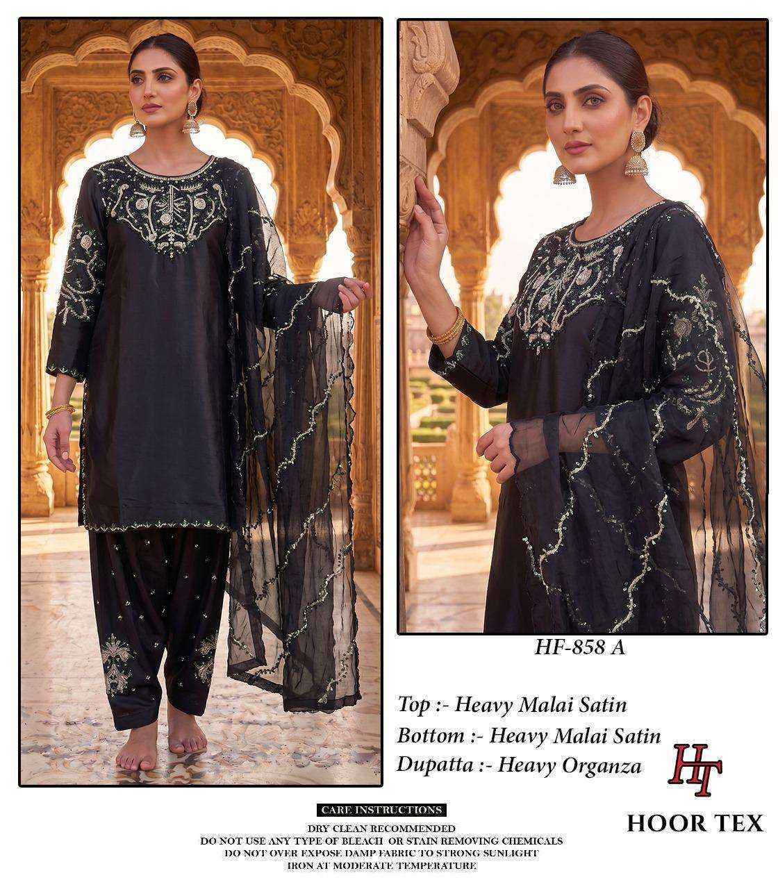 HOOR TEX HF 858 SATIN FABRIC BEAUTIFUL DESIGNER WORK READY MADE PAKISTANI SUIT _ SURAT WHOLESALE MARKET PRICE ( 4 PCS CATALOG )