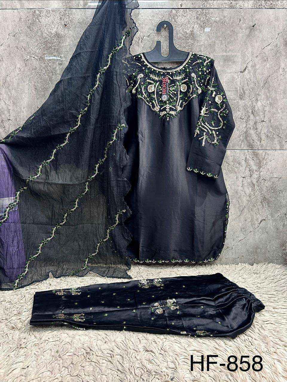 HOOR TEX HF 858 SATIN FABRIC BEAUTIFUL DESIGNER WORK READY MADE PAKISTANI SUIT _ SURAT WHOLESALE MARKET PRICE ( 4 PCS CATALOG )