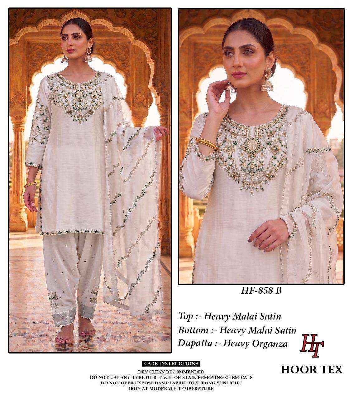 HOOR TEX HF 858 SATIN FABRIC BEAUTIFUL DESIGNER WORK READY MADE PAKISTANI SUIT _ SURAT WHOLESALE MARKET PRICE ( 4 PCS CATALOG )