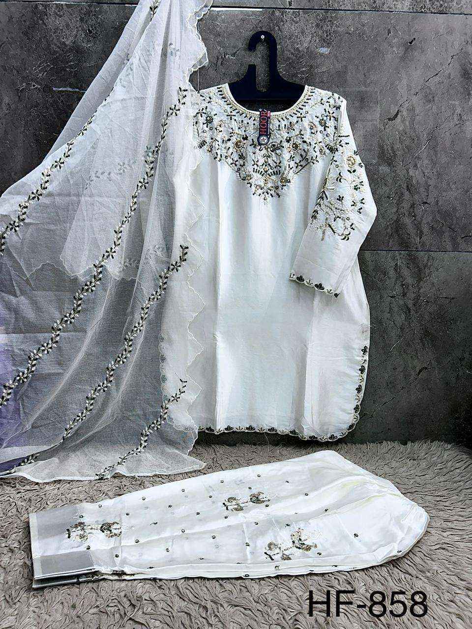 HOOR TEX HF 858 SATIN FABRIC BEAUTIFUL DESIGNER WORK READY MADE PAKISTANI SUIT _ SURAT WHOLESALE MARKET PRICE ( 4 PCS CATALOG )
