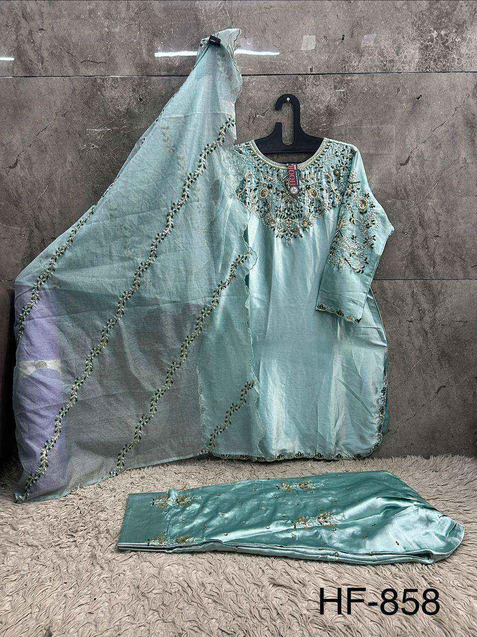 HOOR TEX HF 858 SATIN FABRIC BEAUTIFUL DESIGNER WORK READY MADE PAKISTANI SUIT _ SURAT WHOLESALE MARKET PRICE ( 4 PCS CATALOG )