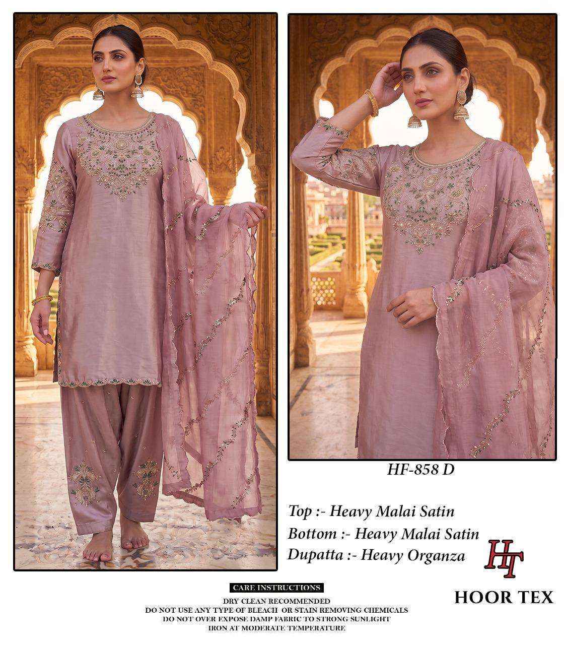 HOOR TEX HF 858 SATIN FABRIC BEAUTIFUL DESIGNER WORK READY MADE PAKISTANI SUIT _ SURAT WHOLESALE MARKET PRICE ( 4 PCS CATALOG )