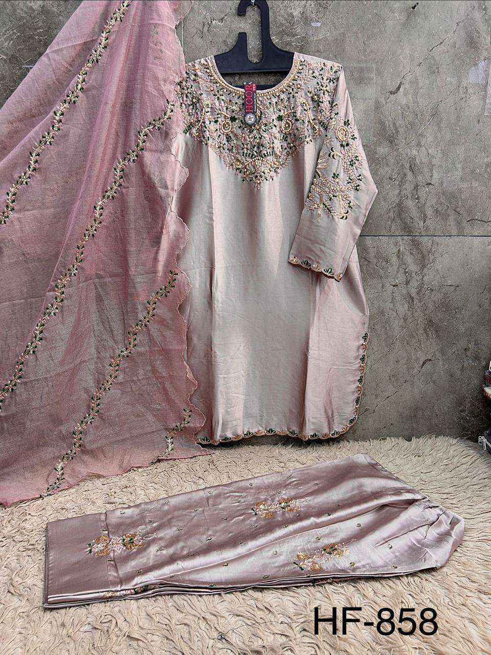 HOOR TEX HF 858 SATIN FABRIC BEAUTIFUL DESIGNER WORK READY MADE PAKISTANI SUIT _ SURAT WHOLESALE MARKET PRICE ( 4 PCS CATALOG )
