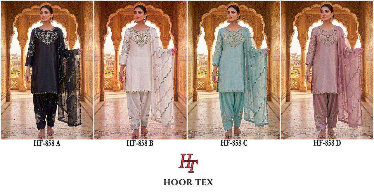 HOOR TEX HF 858 SATIN FABRIC BEAUTIFUL DESIGNER WORK READY MADE PAKISTANI SUIT _ SURAT WHOLESALE MARKET PRICE ( 4 PCS CATALOG )