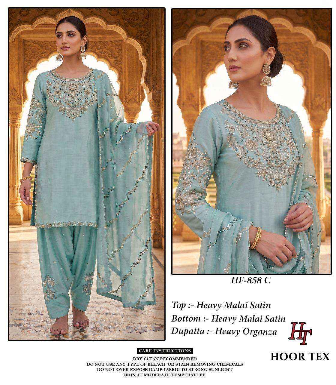 HOOR TEX HF 858 SATIN FABRIC BEAUTIFUL DESIGNER WORK READY MADE PAKISTANI SUIT _ SURAT WHOLESALE MARKET PRICE ( 4 PCS CATALOG )