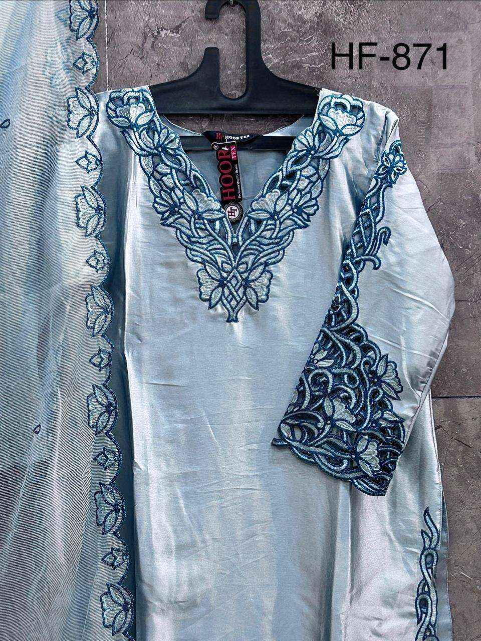 HOOR TEX HF 871 SATIN FABRIC FANCY WORKS READY MADE PAKISTANI SUIT _ SURAT WHOLESALE MARKET PRICE ( 4 PCS CATALOG )