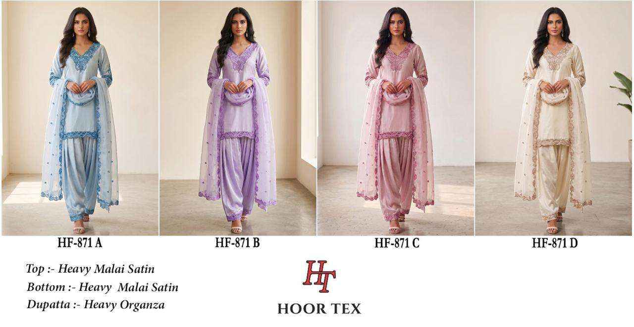 HOOR TEX HF 871 SATIN FABRIC FANCY WORKS READY MADE PAKISTANI SUIT _ SURAT WHOLESALE MARKET PRICE ( 4 PCS CATALOG )