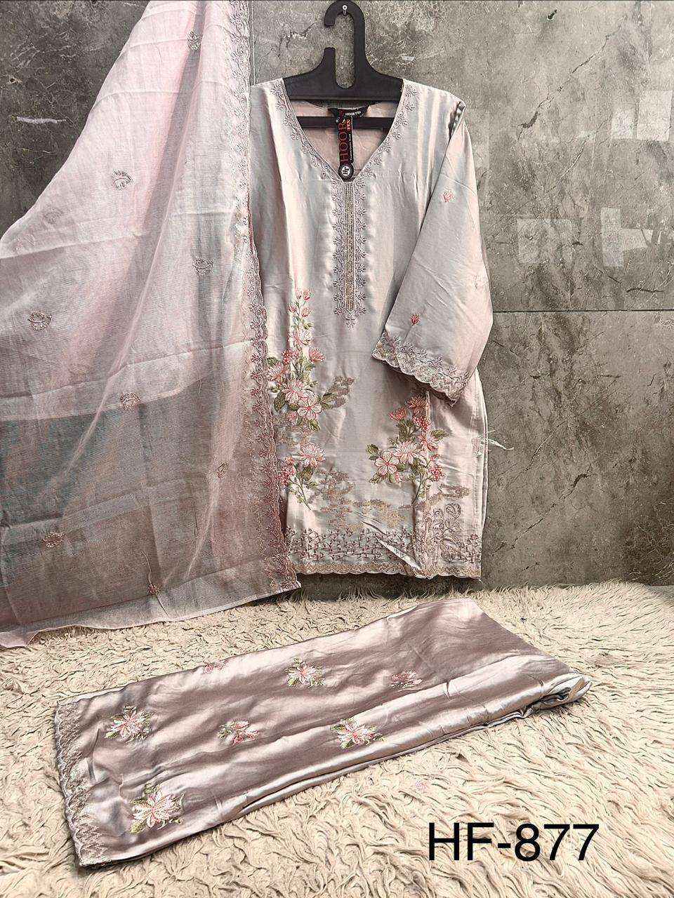 HOOR TEX HF 877 SATIN DIGITAL PRINT WITH DESIGNER WORK READY MADE PAKISTANI SUIT _ SURAT WHOLESALE MARKET PRICE ( 4 PCS CATALOG )