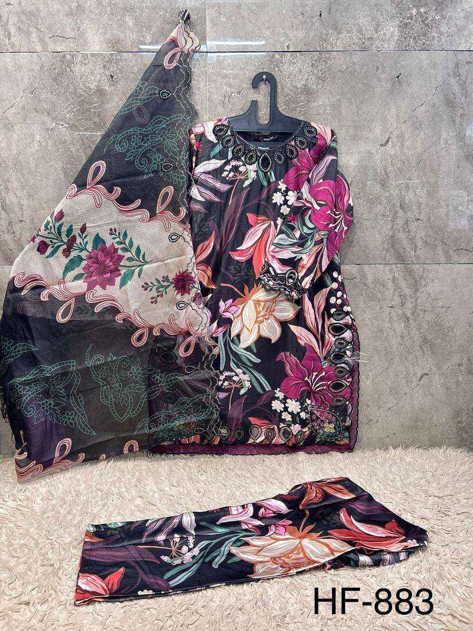 HOOR TEX HF 883 SATIN DIGITAL PRINT WITH FANCY WORK READY MADE PAKISTANI SUIT _ SURAT WHOLESALE MARKET PRICE ( 4 PCS CATALOG ) 