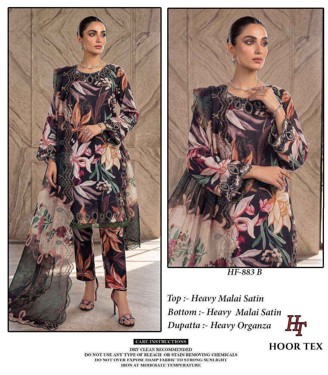 HOOR TEX HF 883 SATIN DIGITAL PRINT WITH FANCY WORK READY MADE PAKISTANI SUIT _ SURAT WHOLESALE MARKET PRICE ( 4 PCS CATALOG ) 