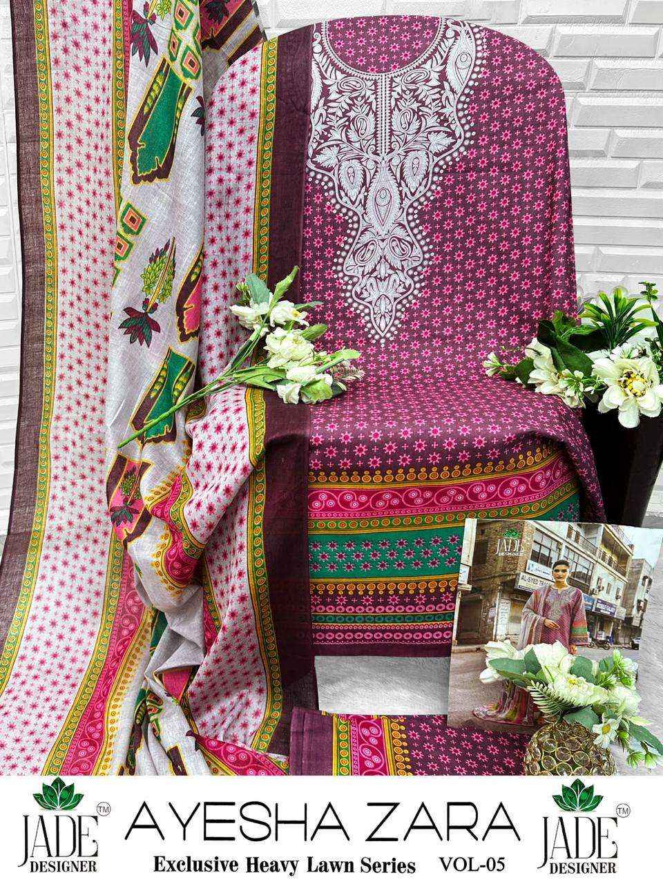 JADE AYESHA ZARA VOL 5 LAWN COTTON DIGITAL PRINT SALWAR SUIT _ SURAT WHOLESALE TEXTELI MARKET PRICE ( 6 PCS CATALOG )