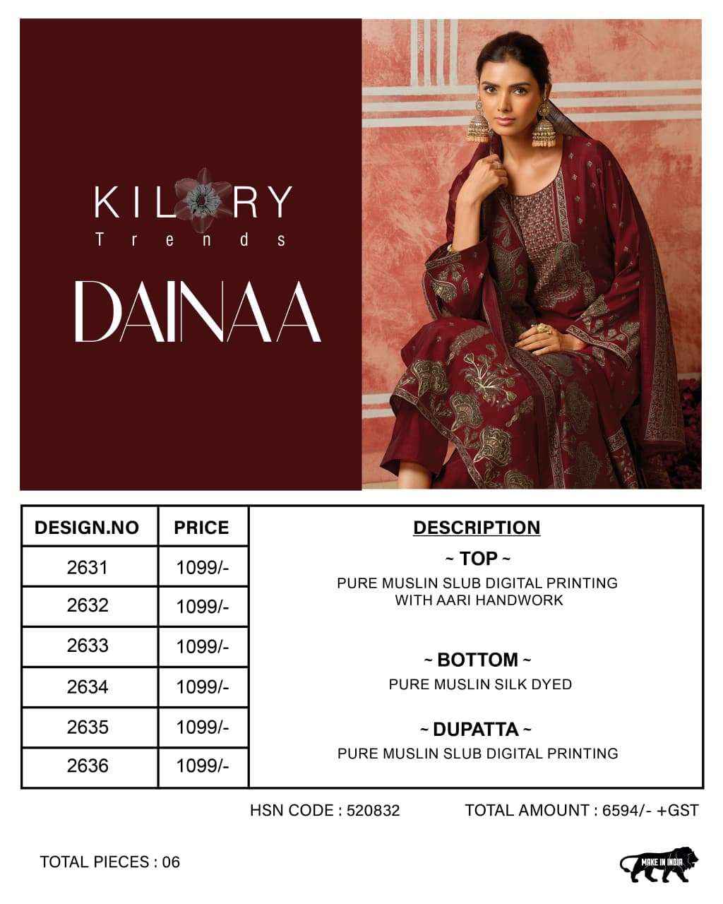 KILORY TRENDS DAINAA MUSLIN WHOLESALE LADIES DRESS MATERIAL ( 6 PCS CATALOGUE )