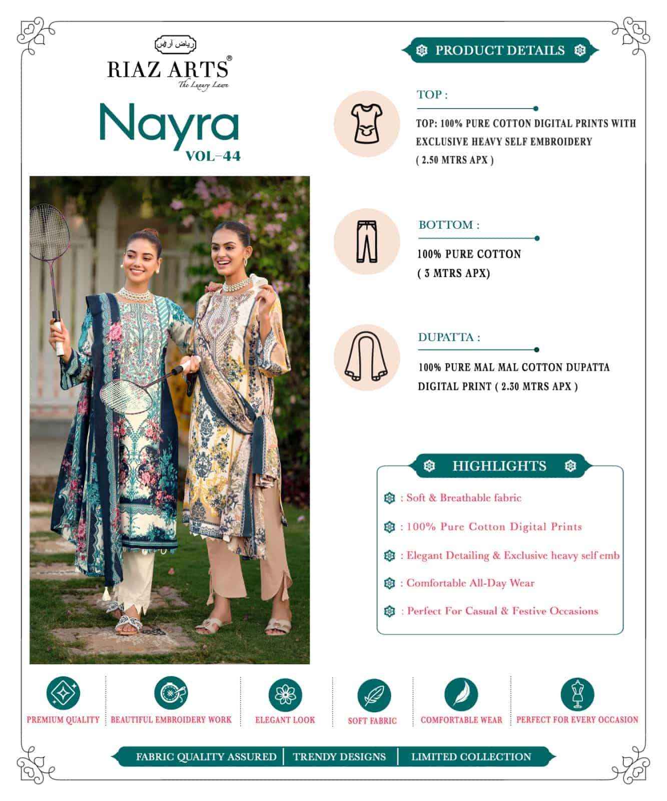 Riaz Arts Nayra Vol 44 Pure Cotton Pakistani Dress Material Wholesale Catalogue ( 8 Pcs Catalogue )