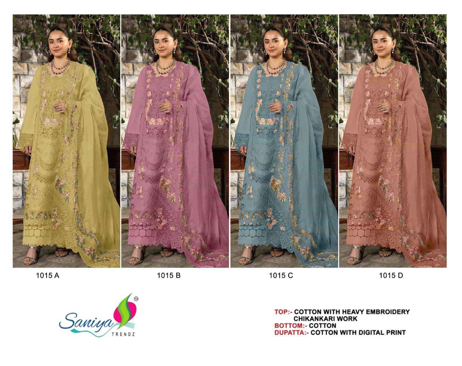 Saniya Trendz 1015 Abcd Designer Cotton Pakistani Dress Material ( 4 Pcs Catalogue )