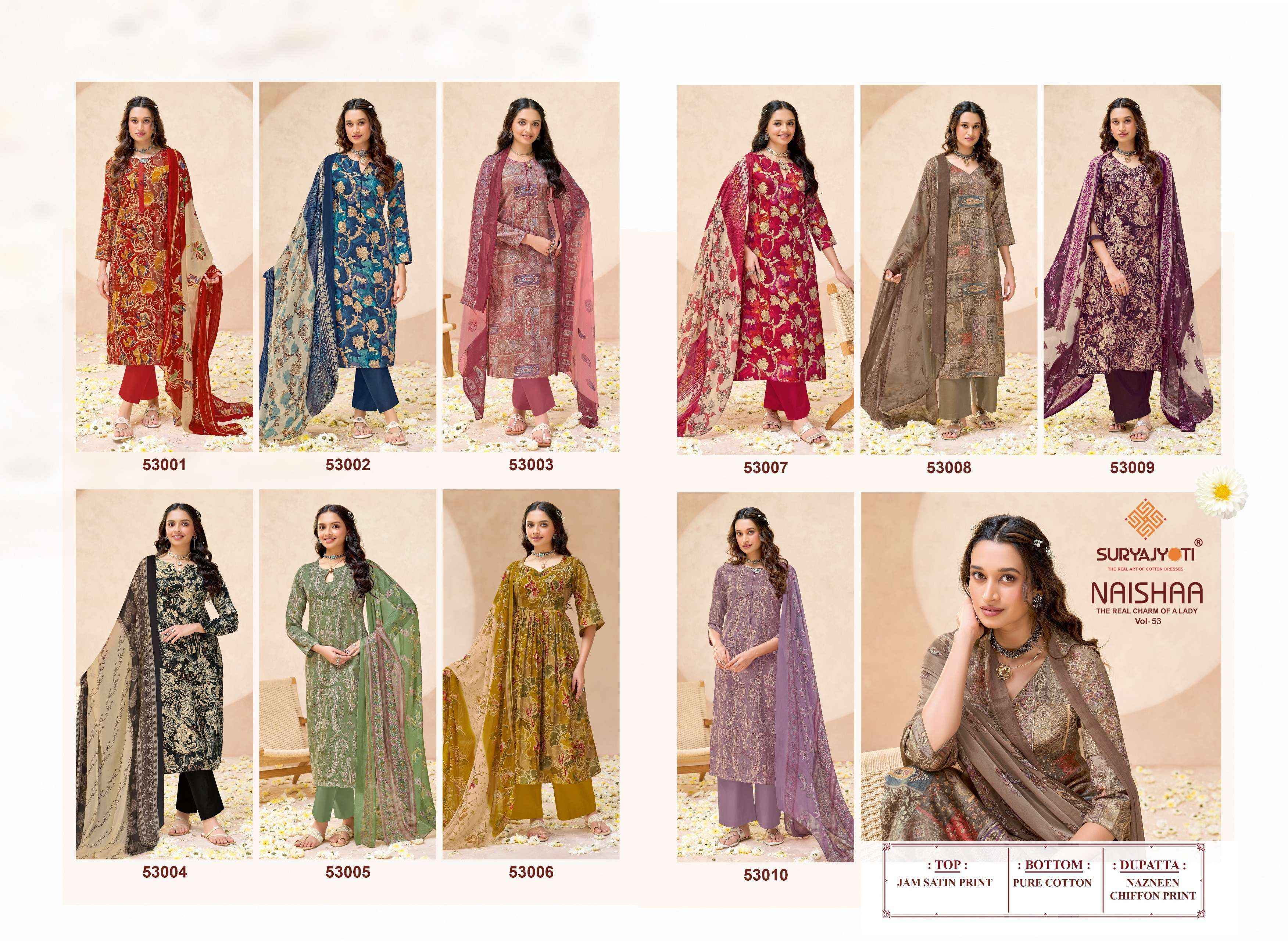 Suryajyoti Naishaa Vol 53 Jam Satin Dress Material Wholesale Supplier ( 10 pcs Catalogue )