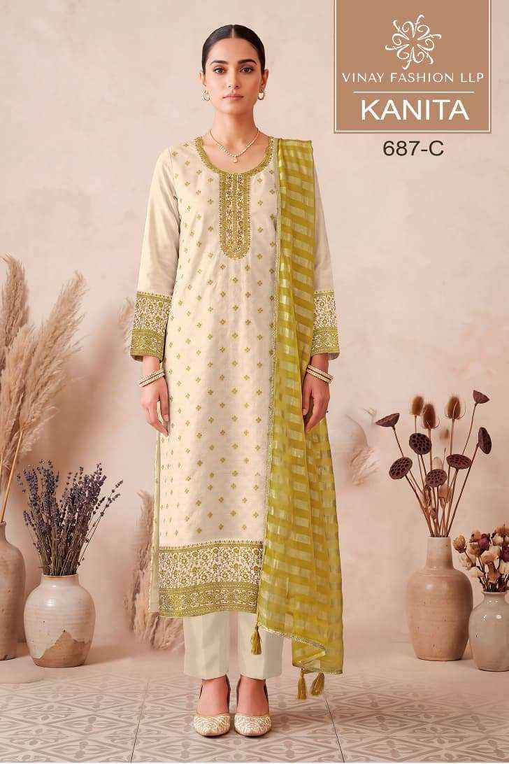 Vinay Fashion Kanita Designer Kanjivaram Silk Salwar Suit _ Surat wholesale Market Price ( 4 Pcs Catalog )