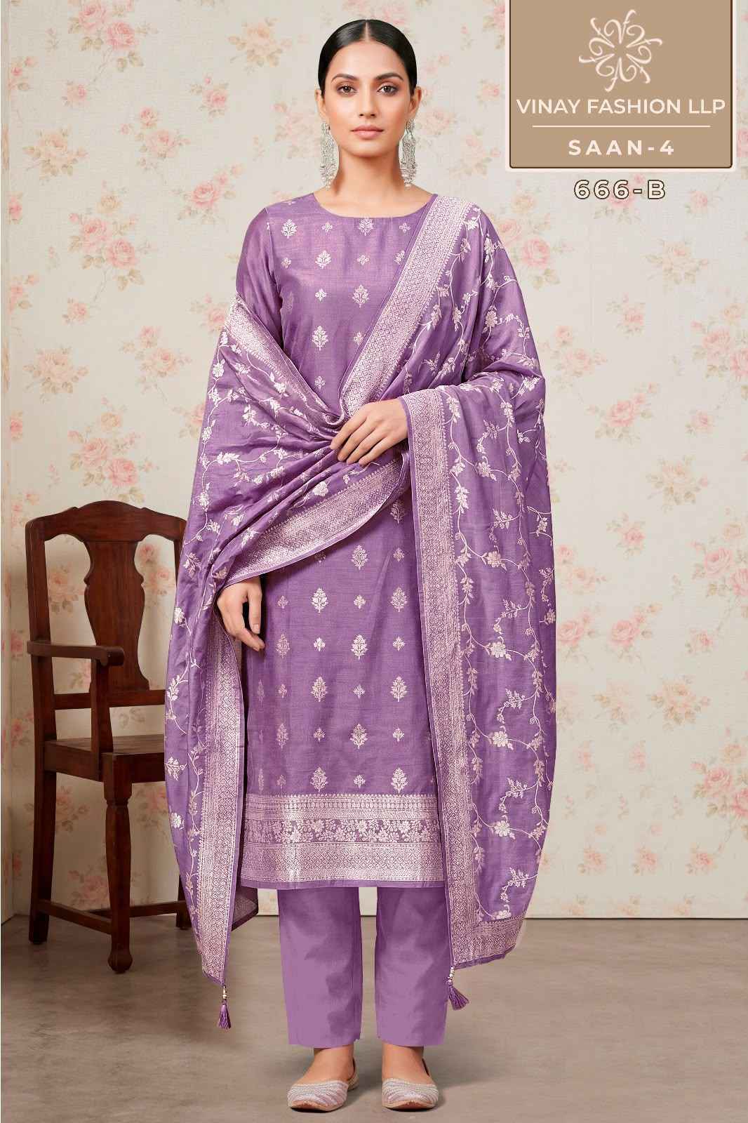 Vinay Kuleesh Saan Vol 4 Viscose Muslin Salwar Suit _ Surat Wholesale Price ( 4 Pcs Catalog )