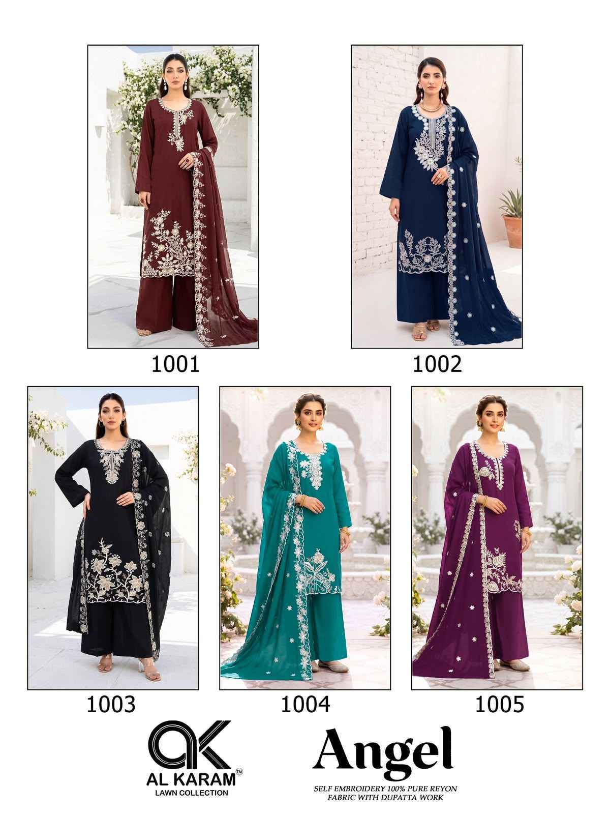 Al Karam Angel Rayon Salwar Kameez _ Surat Wholesale Market Price ( 5 Pcs Catalog )