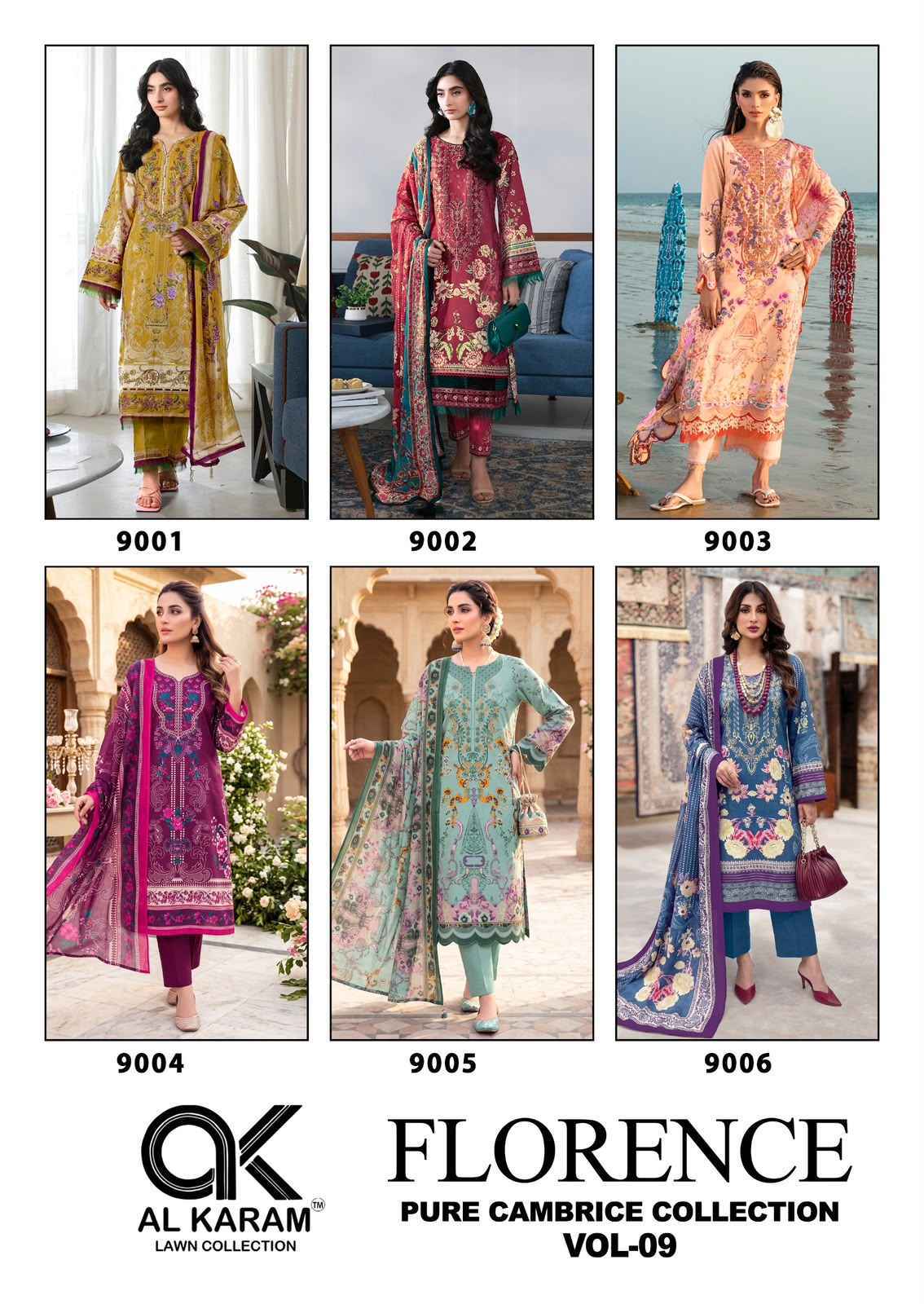 Al Karam Florence Vol 9 Cambric Cotton Salwar Kameez _ Surat Wholesale Market Price ( 6 Pcs Catalog )