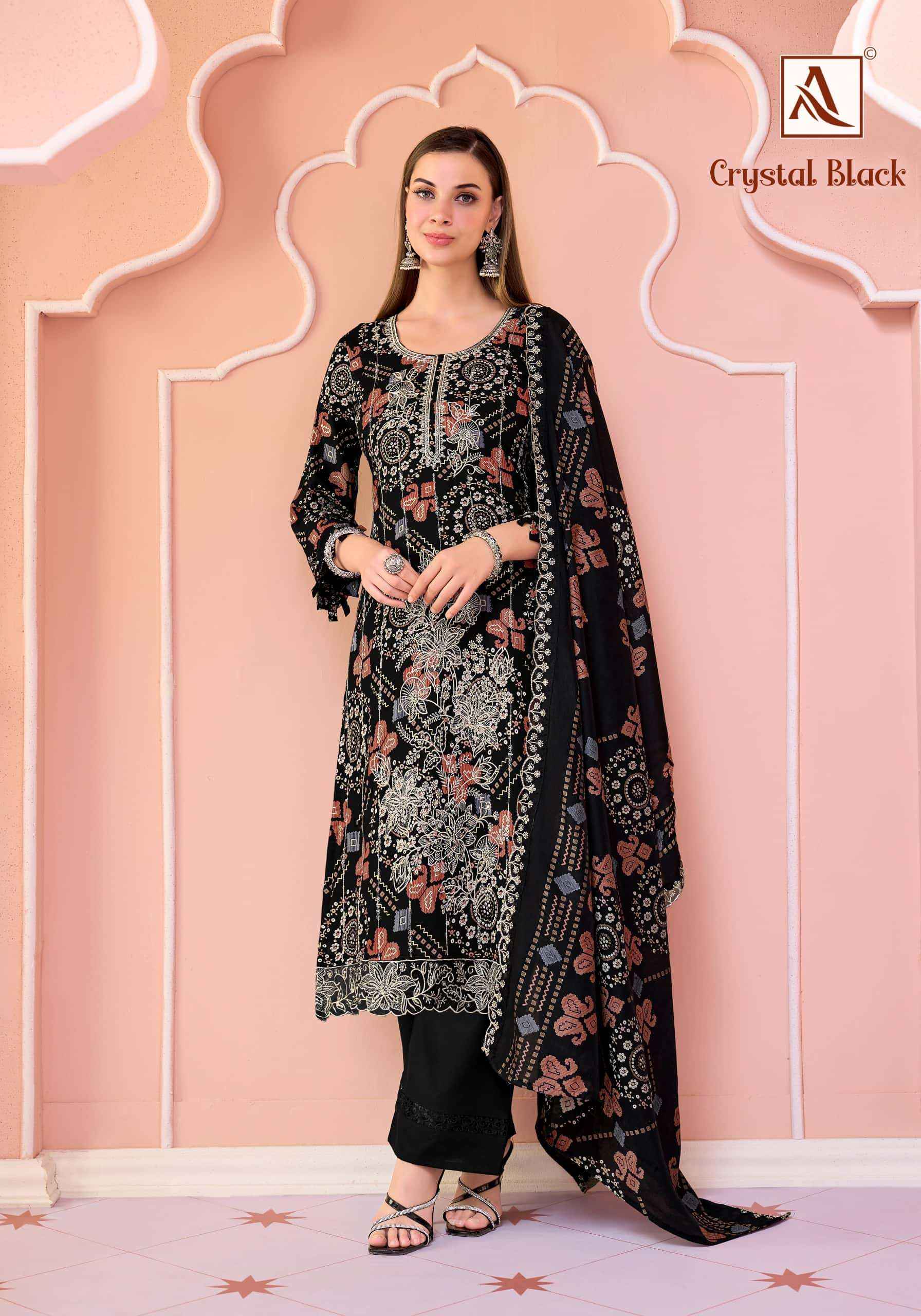 Alok Suit Crystal Black Premium Designs Rayon Salwar Kameez _ Surat Wholesale Market Price ( 6 Pcs Catalog )