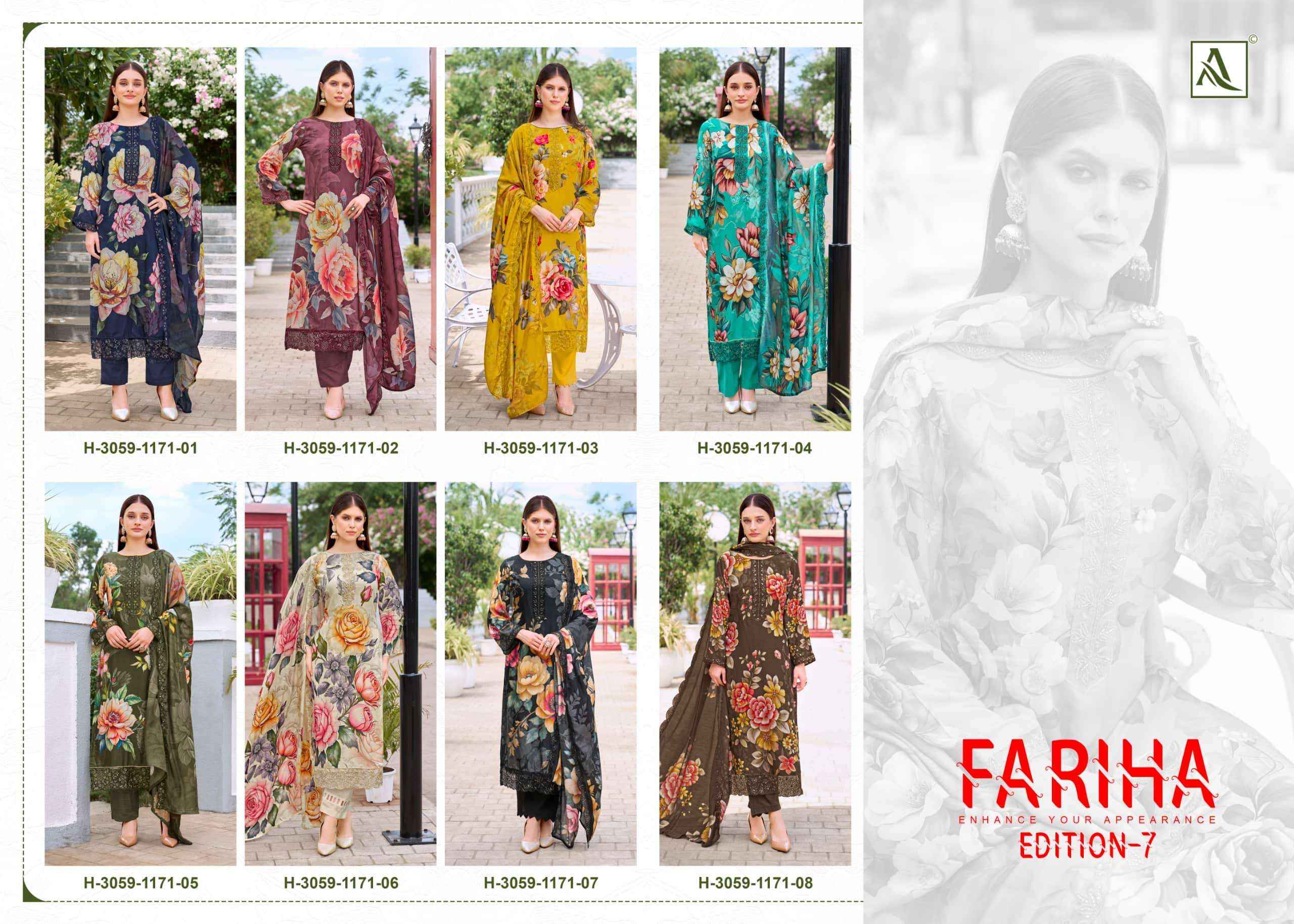 Alok Suit Fariha Edition 7 Designer Printed Muslin Salwar Kameez _ Surat Wholesale Market Price ( 8 Pcs Catalog )