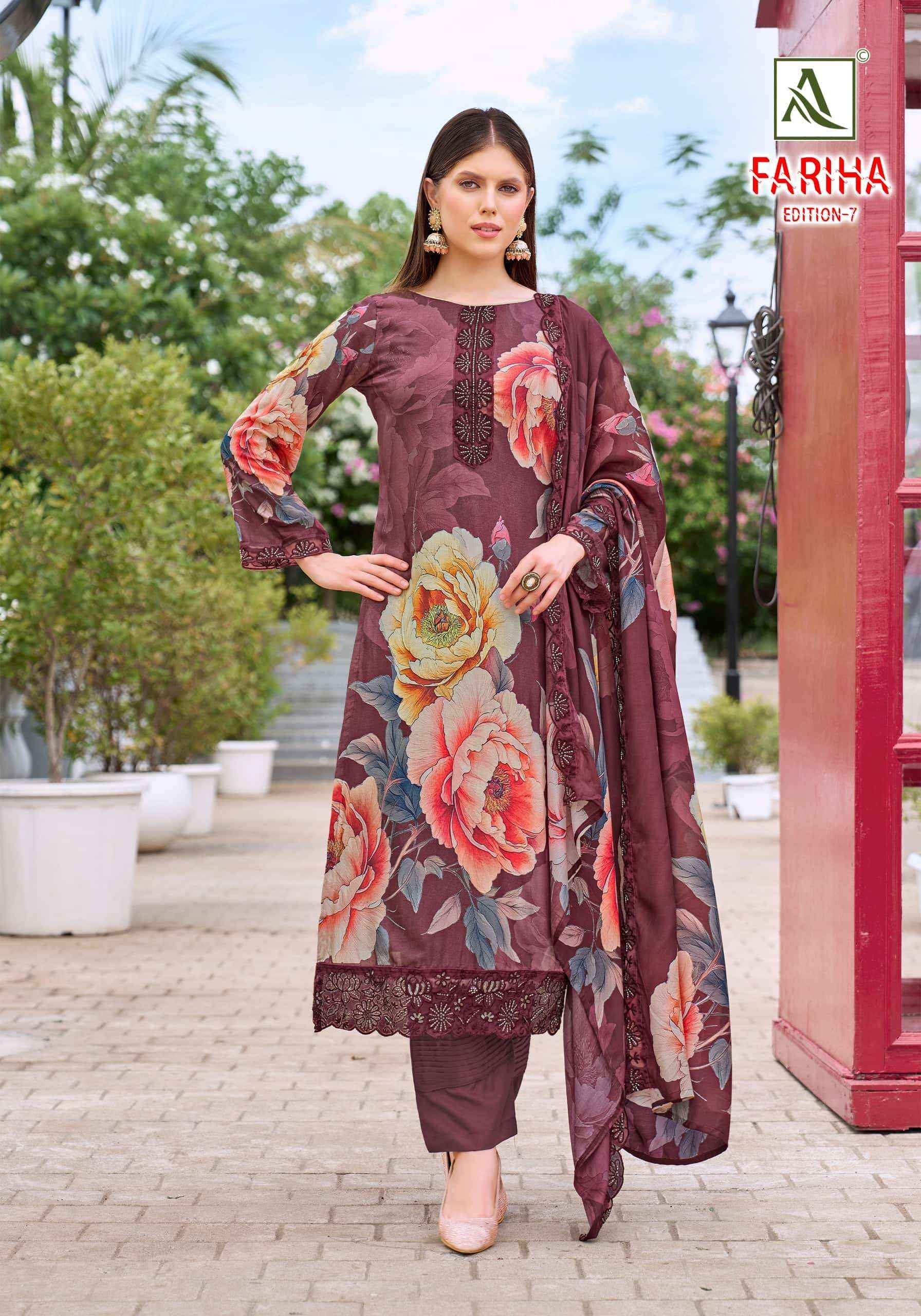 Alok Suit Fariha Edition 7 Designer Printed Muslin Salwar Kameez _ Surat Wholesale Market Price ( 8 Pcs Catalog )