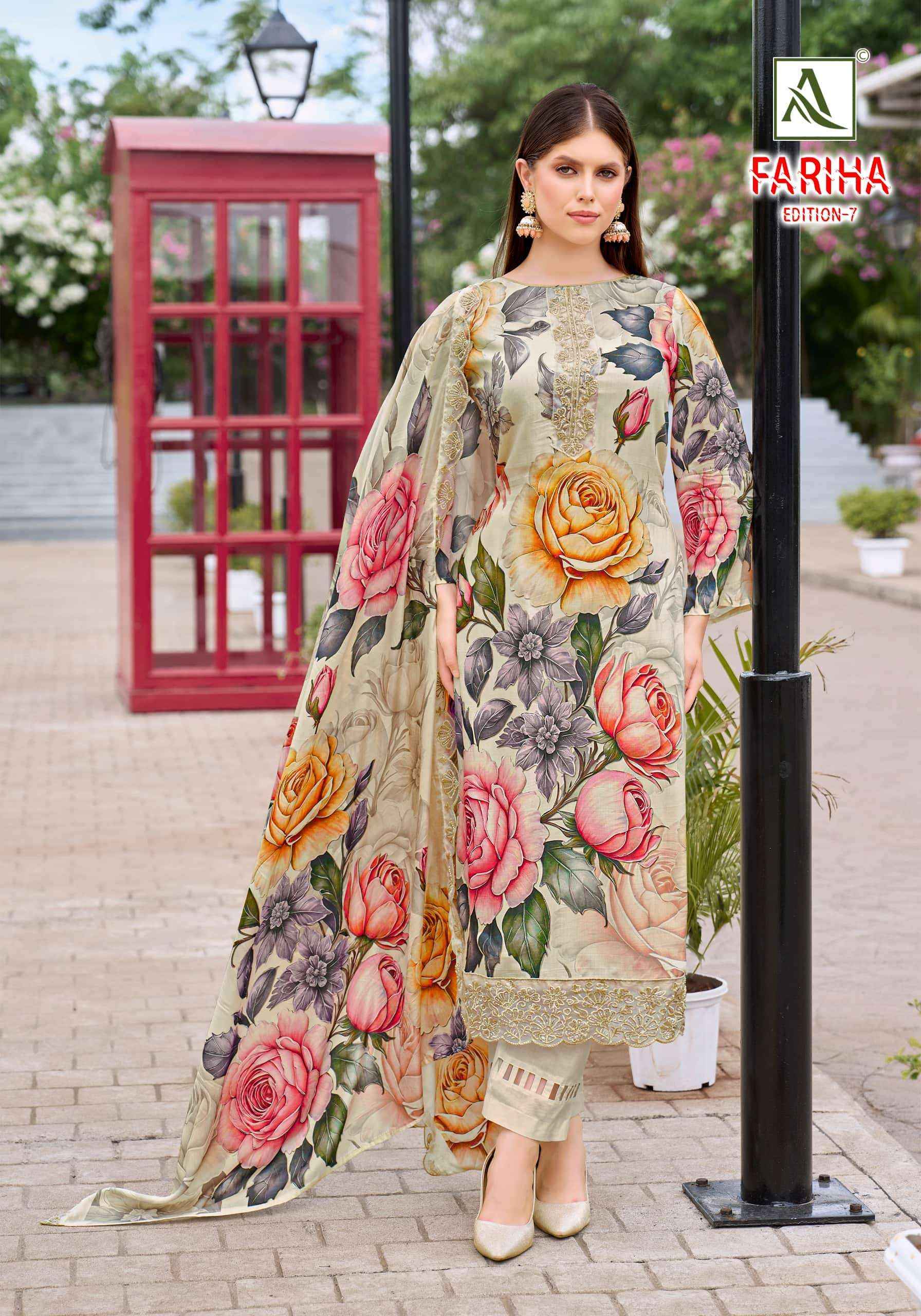 Alok Suit Fariha Edition 7 Designer Printed Muslin Salwar Kameez _ Surat Wholesale Market Price ( 8 Pcs Catalog )