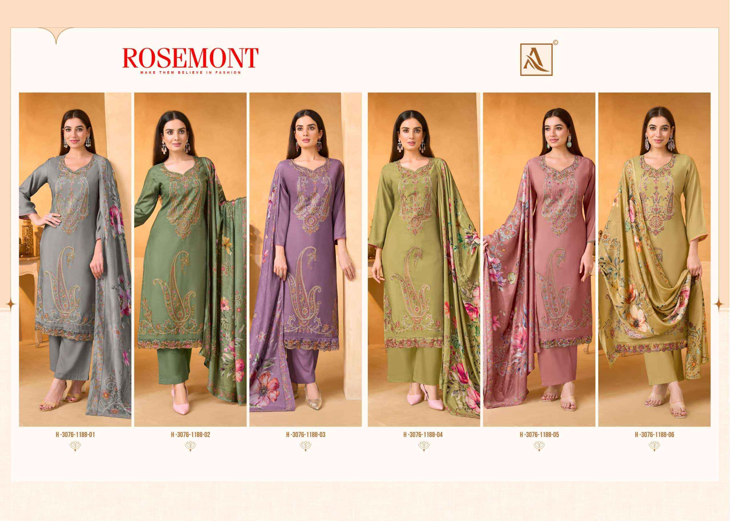 Alok Suit Rosemont Fancy Muslin Salwar Suit _ Surat Wholesale Market Price ( 6 Pcs Catalog )