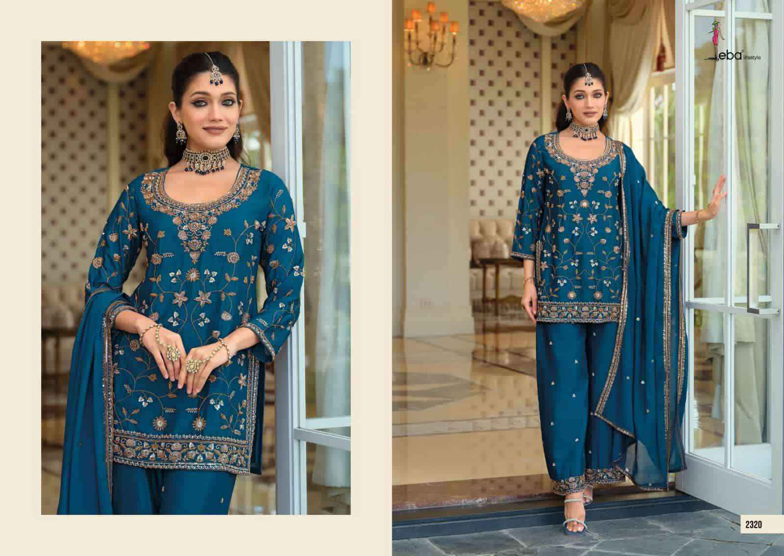 Eba Lifestyle Tasroop Partywear Style 3 Piece Palazzo Suit _ Surat Wholesale Market Price ( 3 Pcs Catalog )