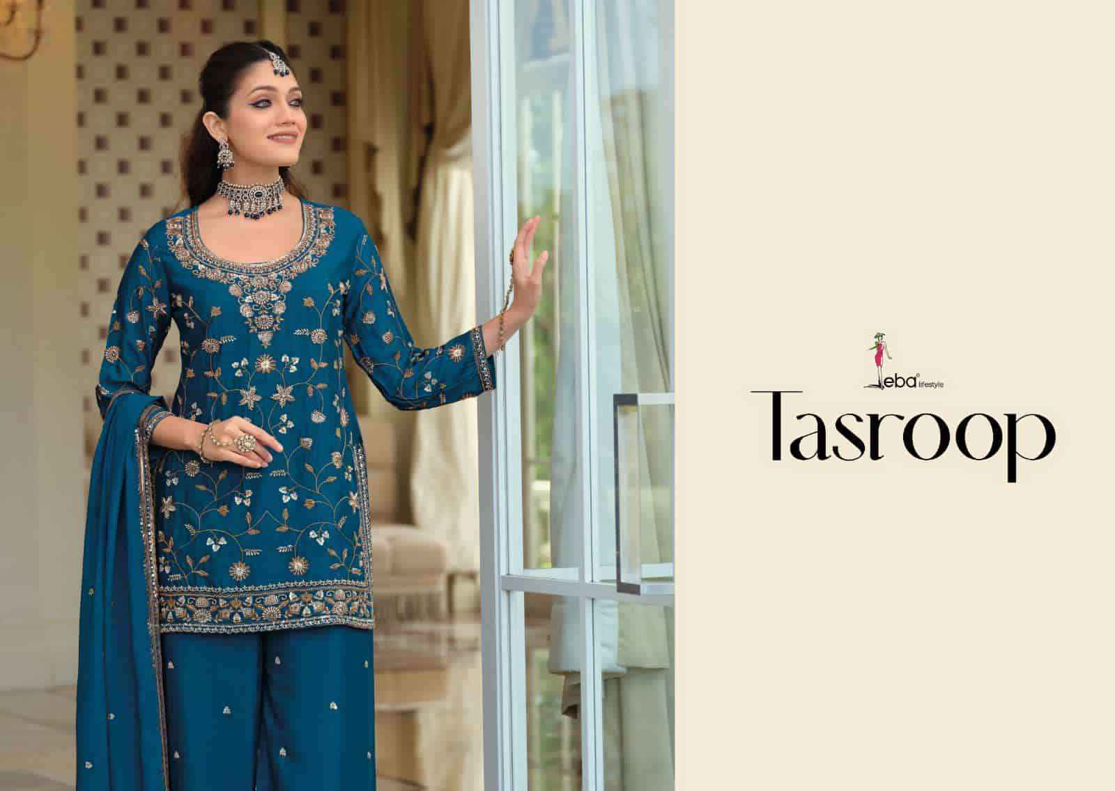 Eba Lifestyle Tasroop Partywear Style 3 Piece Palazzo Suit _ Surat Wholesale Market Price ( 3 Pcs Catalog )