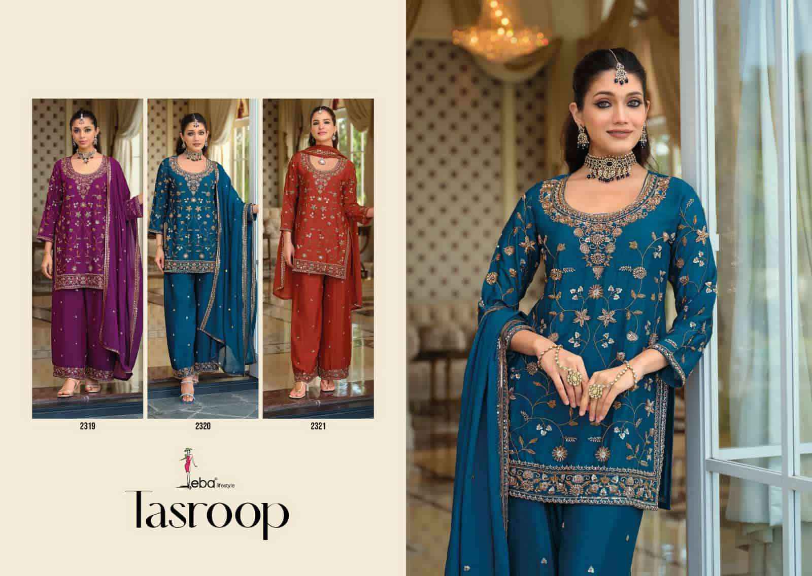 Eba Lifestyle Tasroop Partywear Style 3 Piece Palazzo Suit _ Surat Wholesale Market Price ( 3 Pcs Catalog )