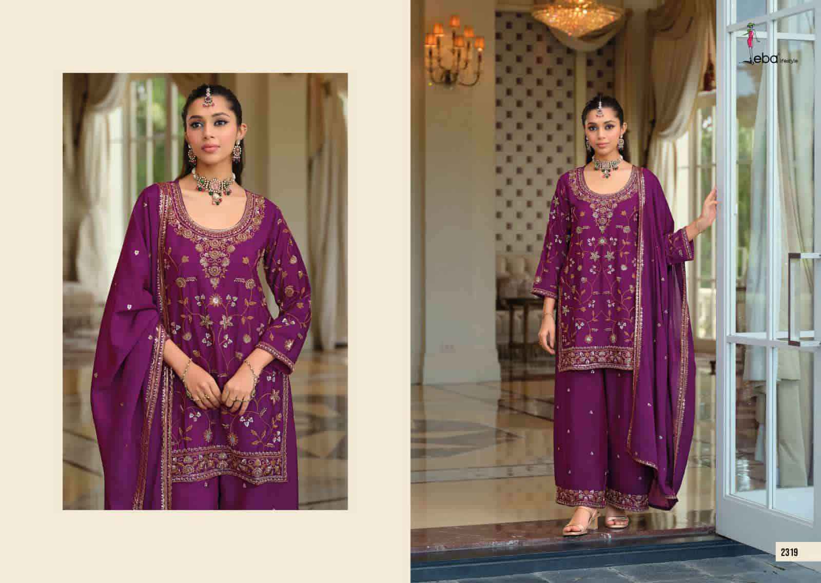 Eba Lifestyle Tasroop Partywear Style 3 Piece Palazzo Suit _ Surat Wholesale Market Price ( 3 Pcs Catalog )