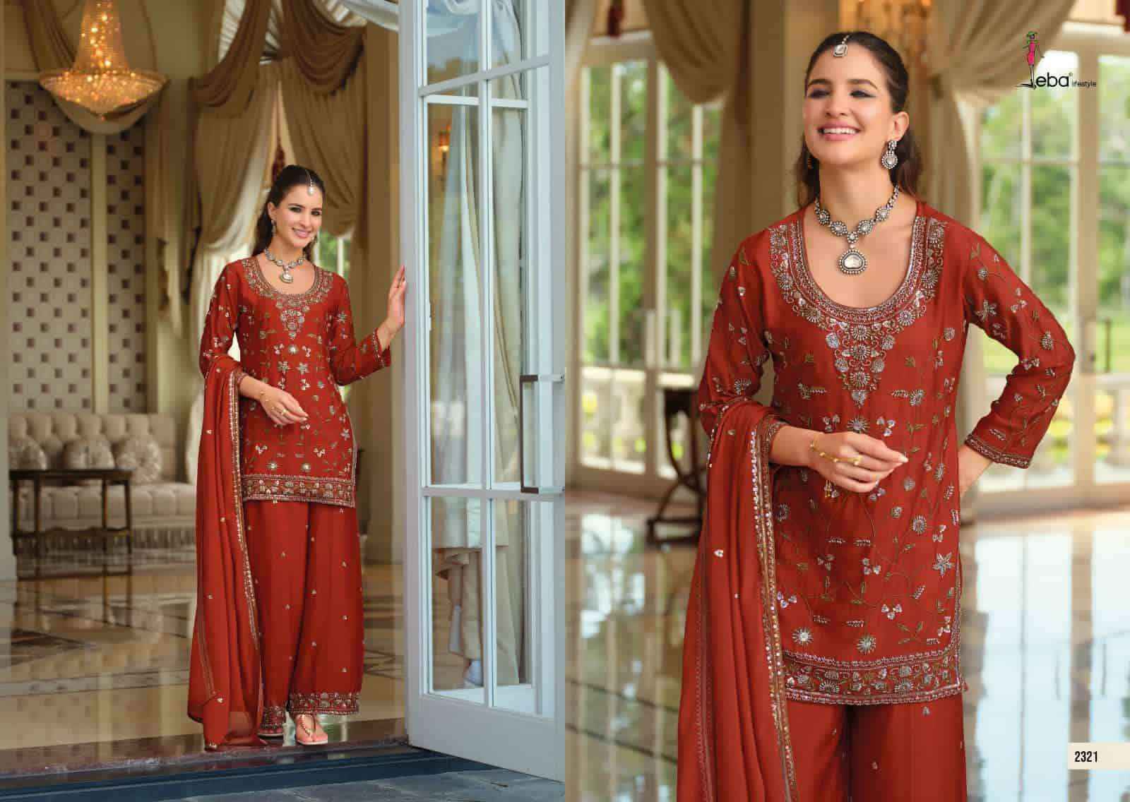 Eba Lifestyle Tasroop Partywear Style 3 Piece Palazzo Suit _ Surat Wholesale Market Price ( 3 Pcs Catalog )