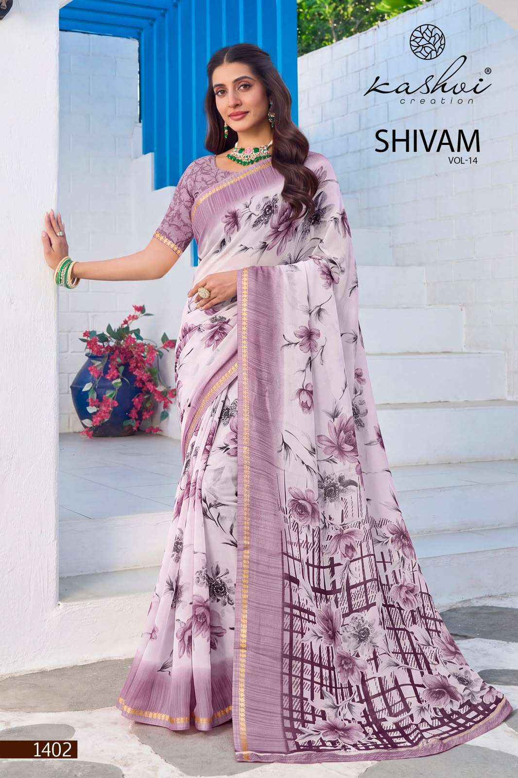 Kashvi Creation Shivam Vol 14 Daily Wear Moss Saree Set _ Surat Wholesale Market Price ( 8 Pcs Catalog )