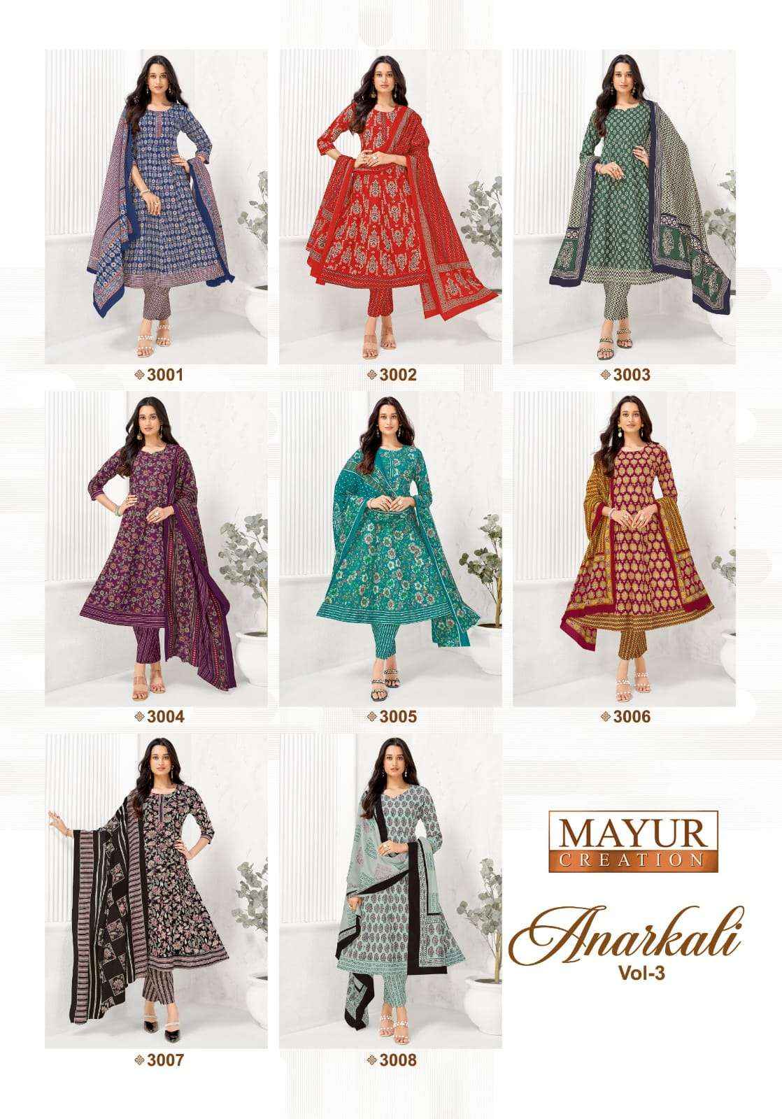 Mayur Anarkali Vol 3 Readymade Cotton Anarkali Top Bottom Dupatta Set Collection Wholesale Price ( 8 Pcs Catalog )