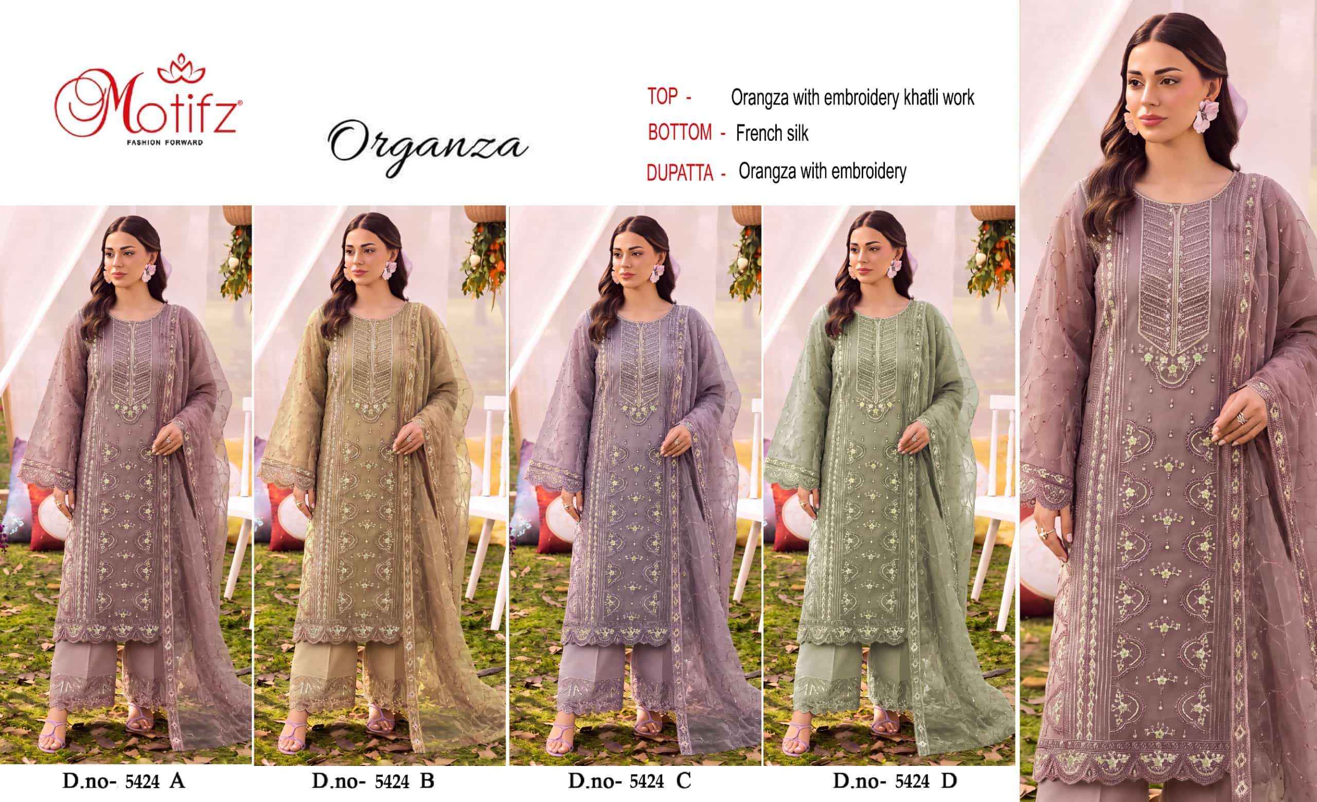 Motifz D 5424 Abcd Designer Pakistani Organza Salwar Kameez _ Surat Wholesale Market Price ( 4 Pcs Catalog )
