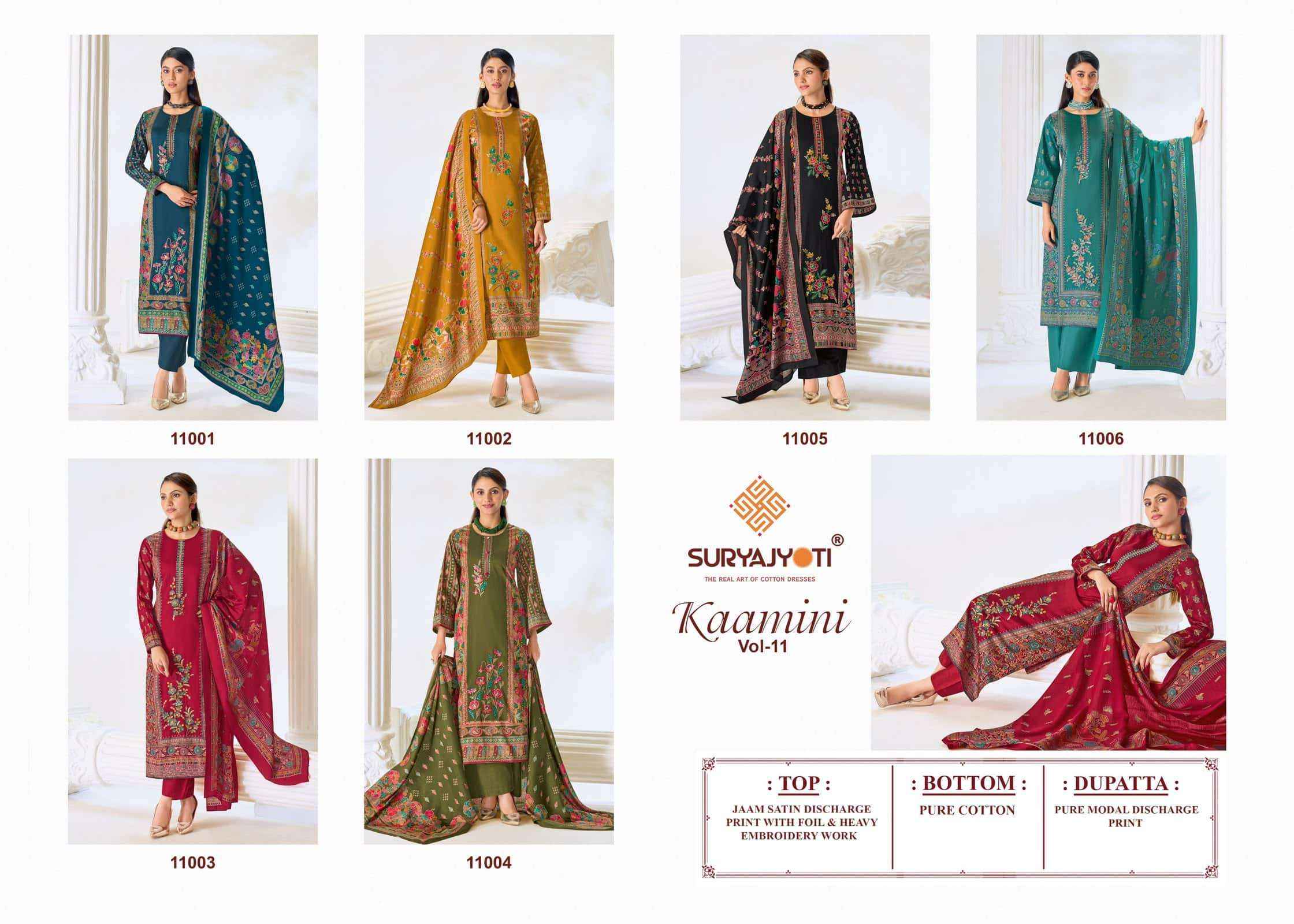 Suryajyoti Kaamini Vol 11 Premium Wear Satin Salwar Kameez _ Surat Wholesale Market Price ( 6 Pcs Catalog )